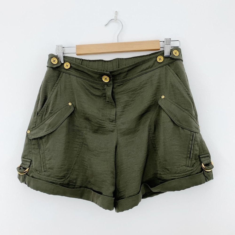 ❗️Armani Exchange Olive Moss Green Satin Silky Cuffed Cargo Shorts Size 6